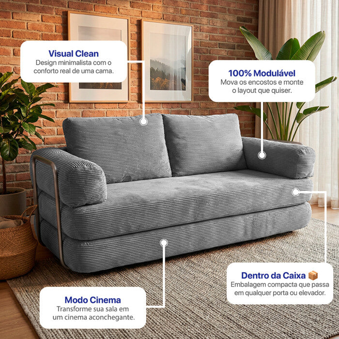 Sofá Cama Modular AirPress 2 em 1 - Tecido Velourê + Kit Travesseiros | CONFORTO E DURABILIDADE