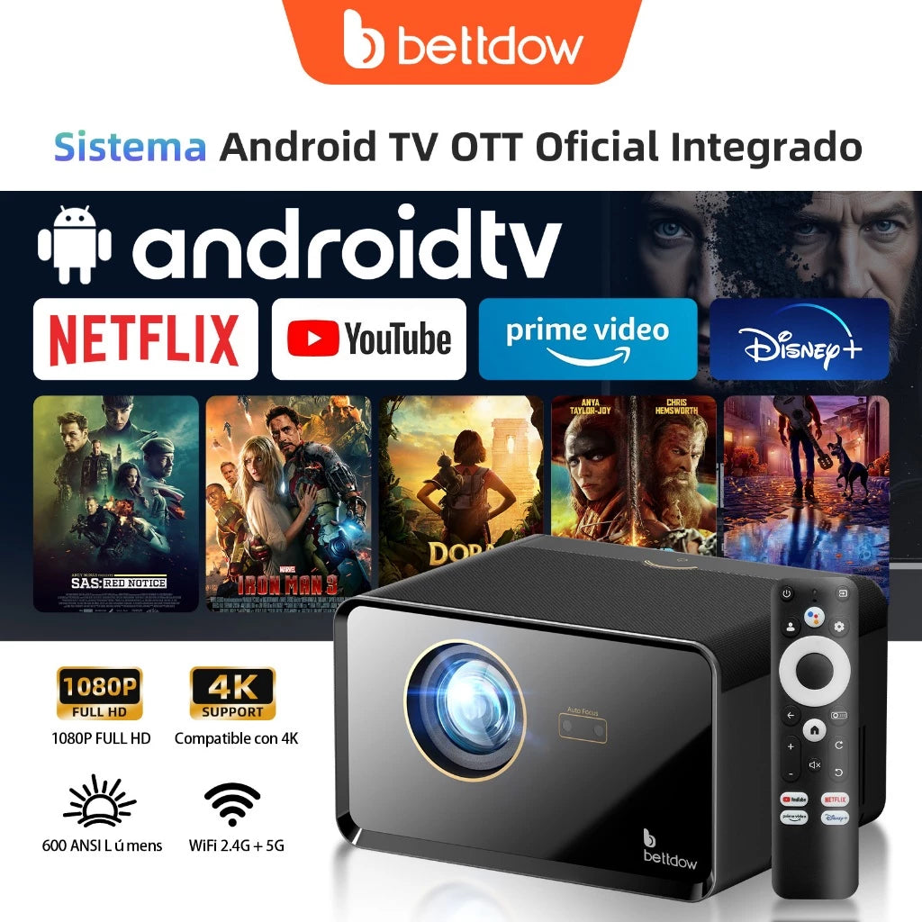 Projetor 300 Polegadas Bettdow Smart 4K 25000lm Google TV Netflix Bluetooth + Kit Brinde Exclusivo