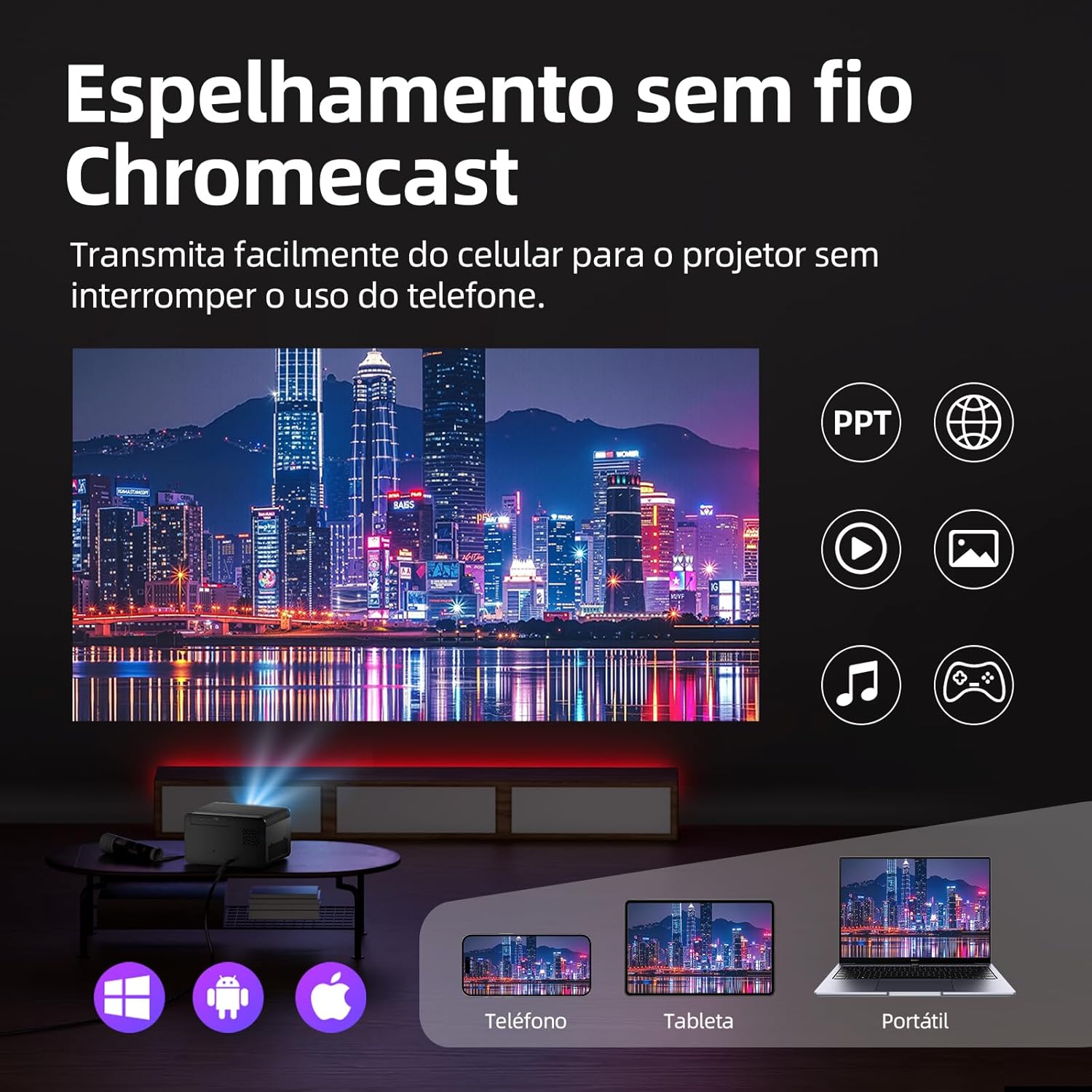 Projetor 300 Polegadas Bettdow Smart 4K 25000lm Google TV Netflix Bluetooth + Kit Brinde Exclusivo