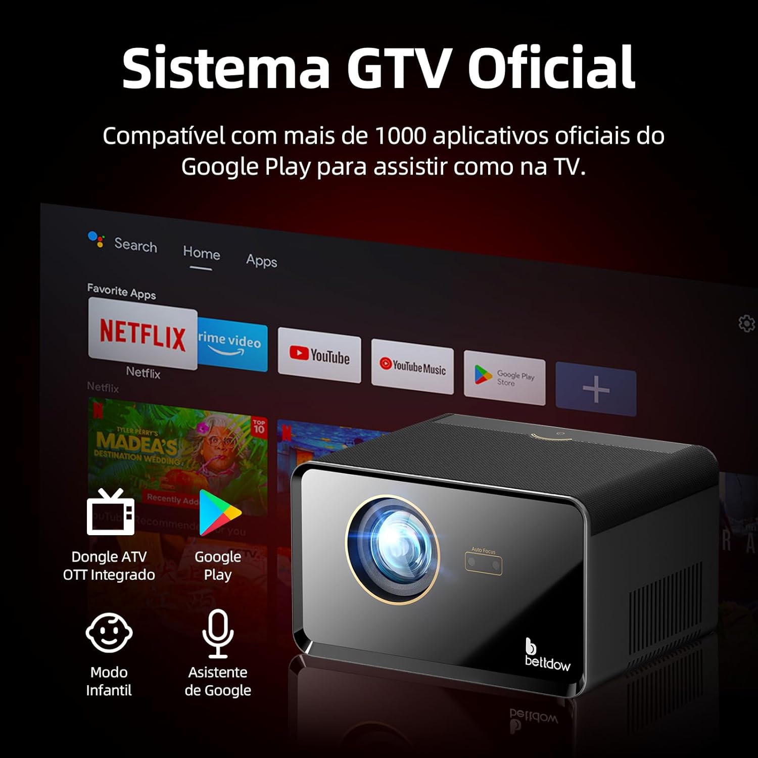 Projetor 300 Polegadas Bettdow Smart 4K 25000lm Google TV Netflix Bluetooth + Kit Brinde Exclusivo