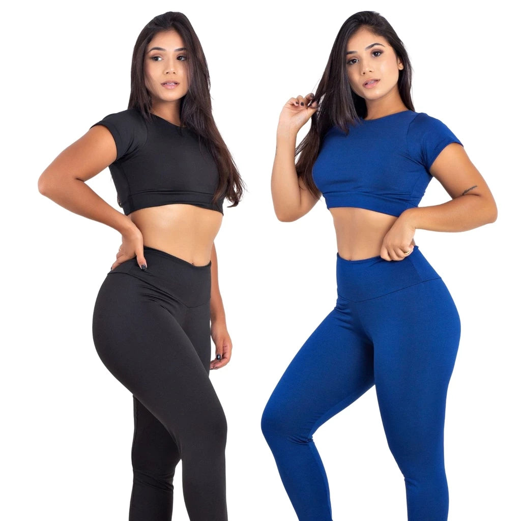 (Compre 1 Leve 2) Kit 2 Conjuntos Calça Legging Cintura Alta Top Cropped
