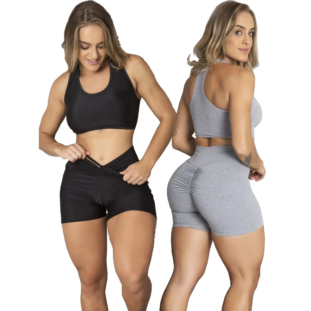 (Compre 1 Leve 2) Kit 2 Conjuntos Academia 2 Tops e 2 Shorts Empina Bumbum