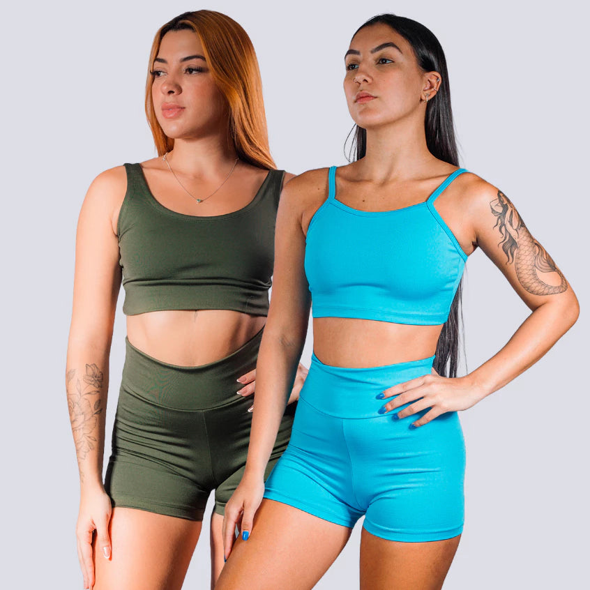 KIT 2 CONJUNTOS ACADEMIA FEMININO TOP E SHORT CINTURA ALTA EM SUPLEX